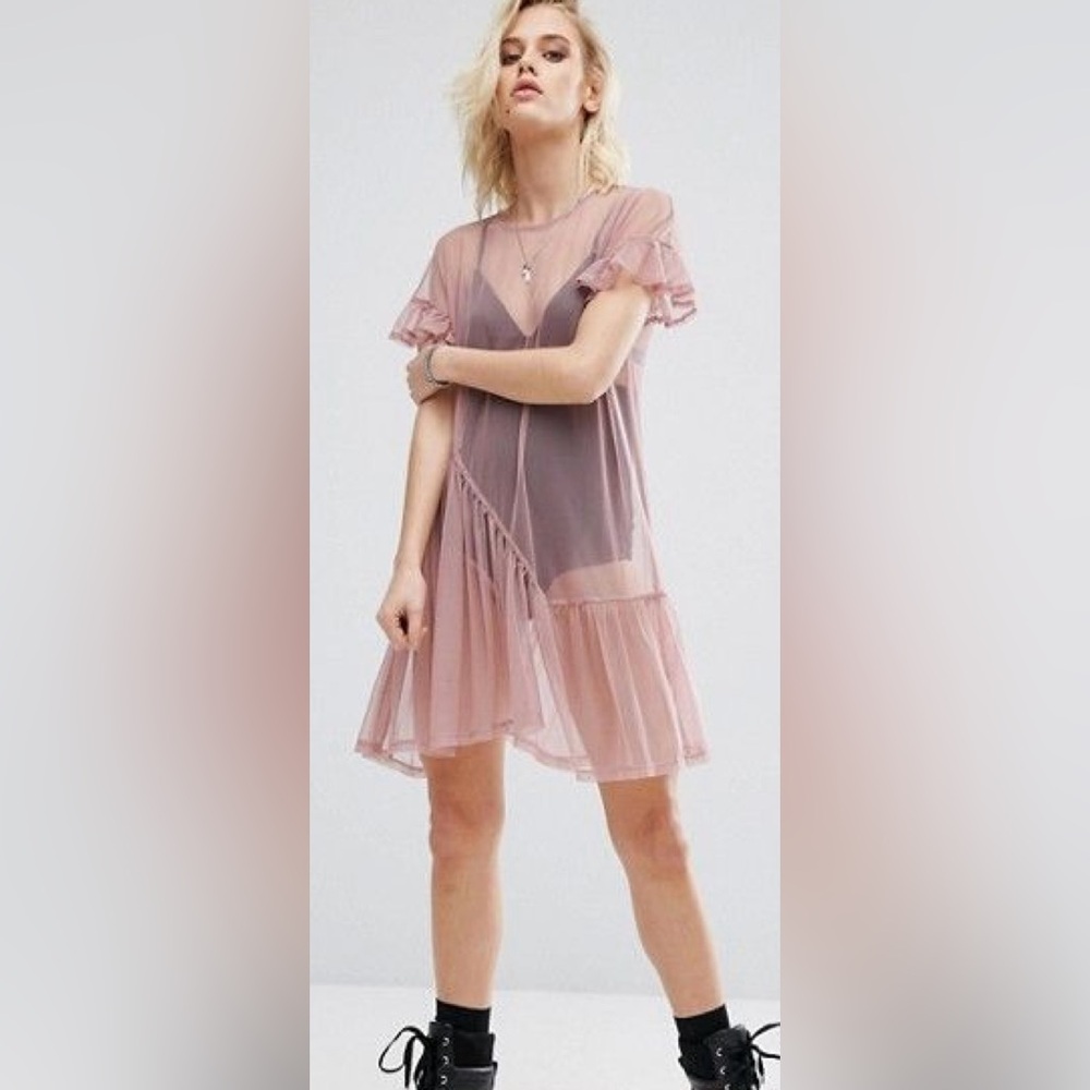 Pink Lace Overlay Dress embroidered with ruffled sleeves sheer - Picture 13 of 16
